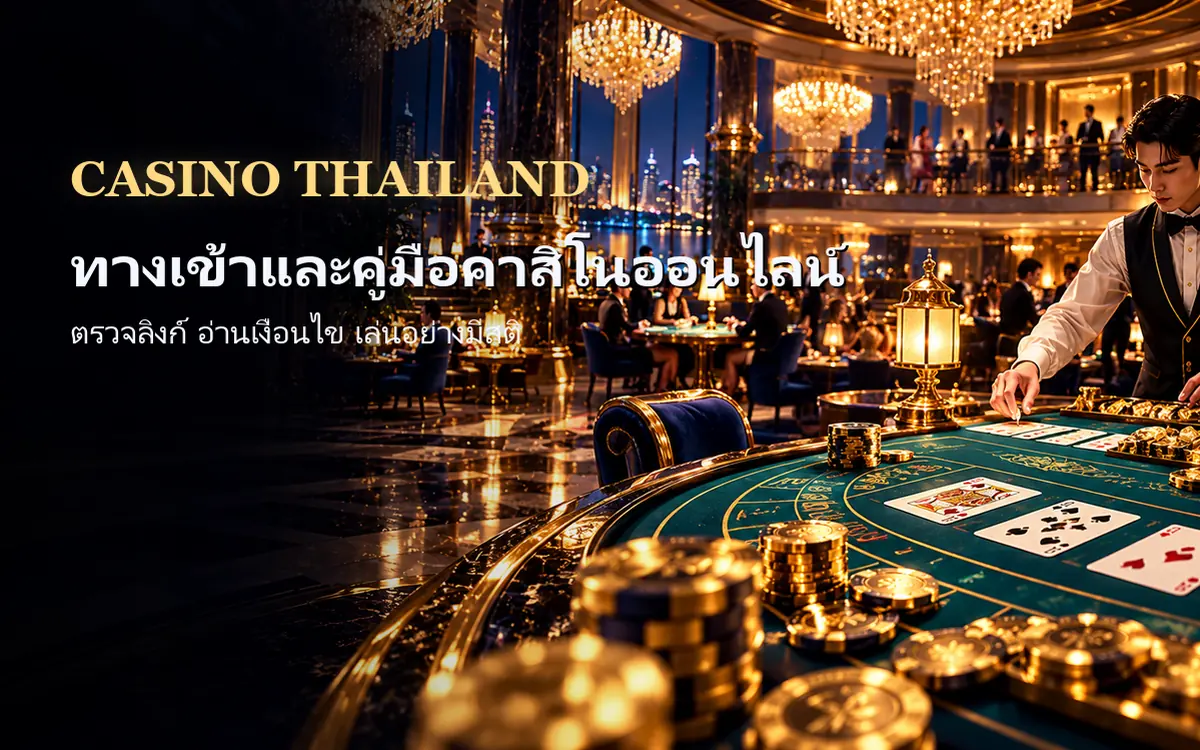 casino thailand ห้องคาสิโนหรูมีโคมระย้า โต๊ะบาคาร่าสีเขียวและชิปทอง ดีลเลอร์แจกไพ่ ฉากเมืองกลางคืน ภาพหน้าปกคู่มือ casino thailand